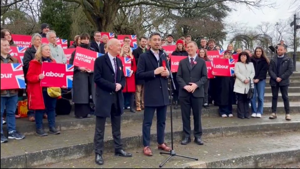 Damien Egan  and supporters at a victory rally in Kingswood Park the morning after the by-election with Labour MPs Chris Bryant and Pat McFadden