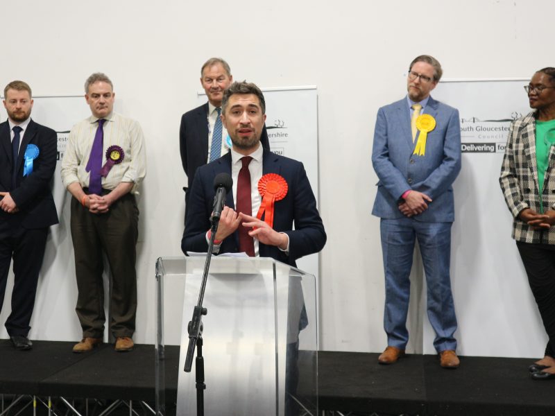 Damien Egan speaks after the result is announced, watched by Sam Bromiley (Con), Nicholas Wood (UKIP), Rupert Lowe (Reform), Andrew Brown (Lib Dem) and Lorraine Francis (Green)