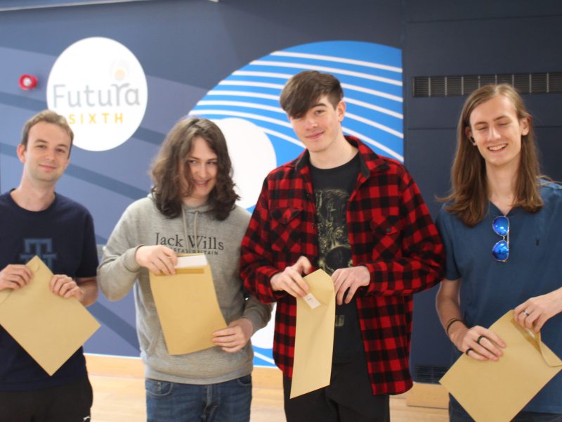 Alex Hanney, Alfie Crocker, Ben Whiteman and Matt Harper opening their A-level results together