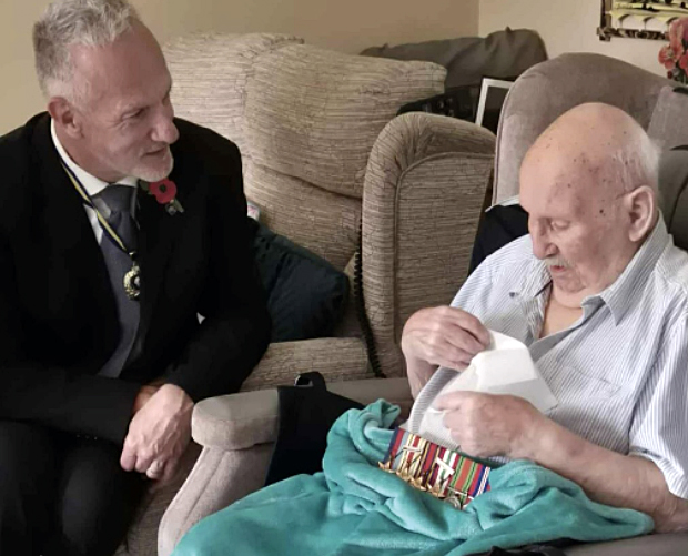 Staple Hill & District RBL president Ian Boulton with Burma veteran Harry Francis
